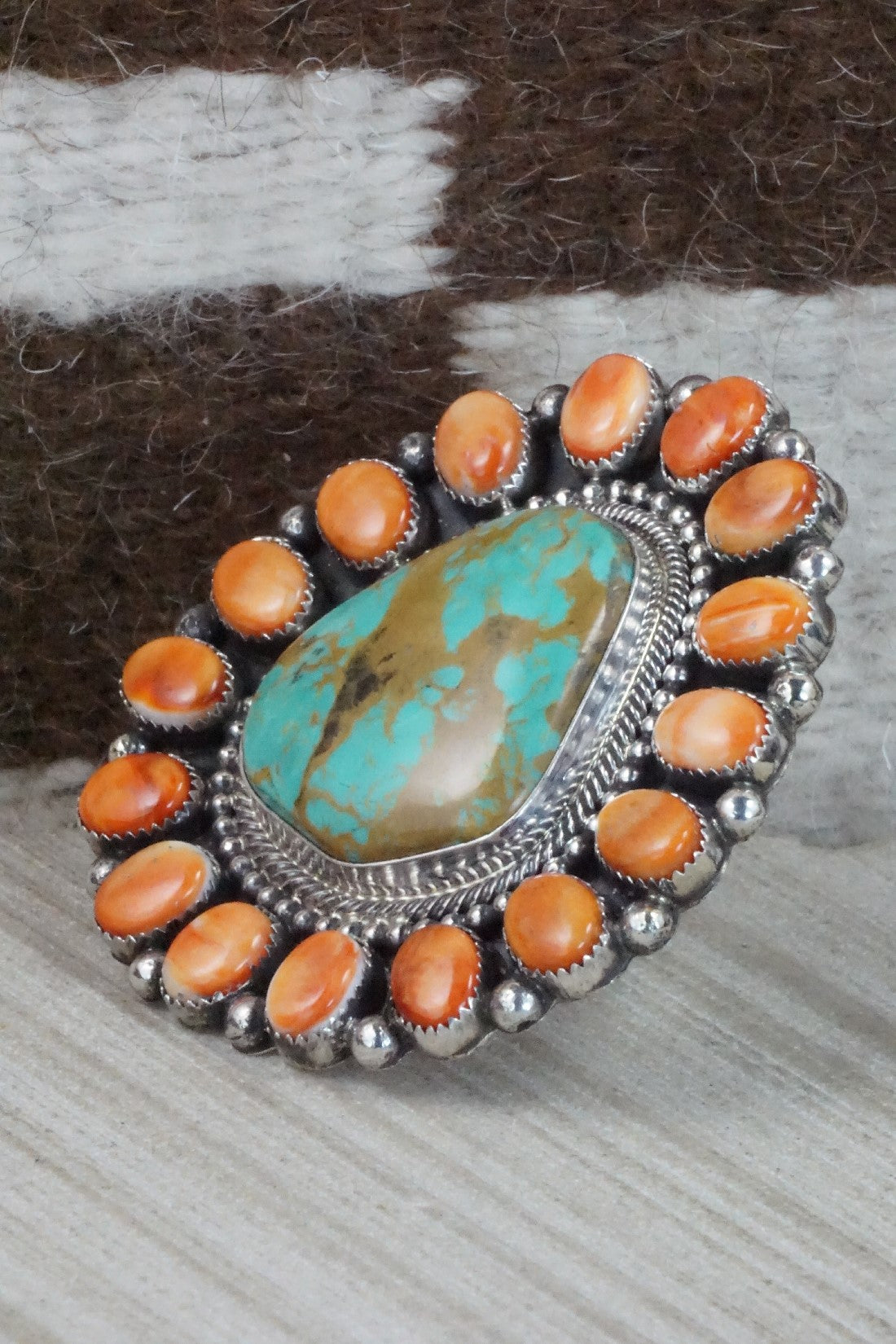 Turquoise, Spiny Oyster & Sterling Silver Ring - Hemerson Brown - Size 8 (Adj.)