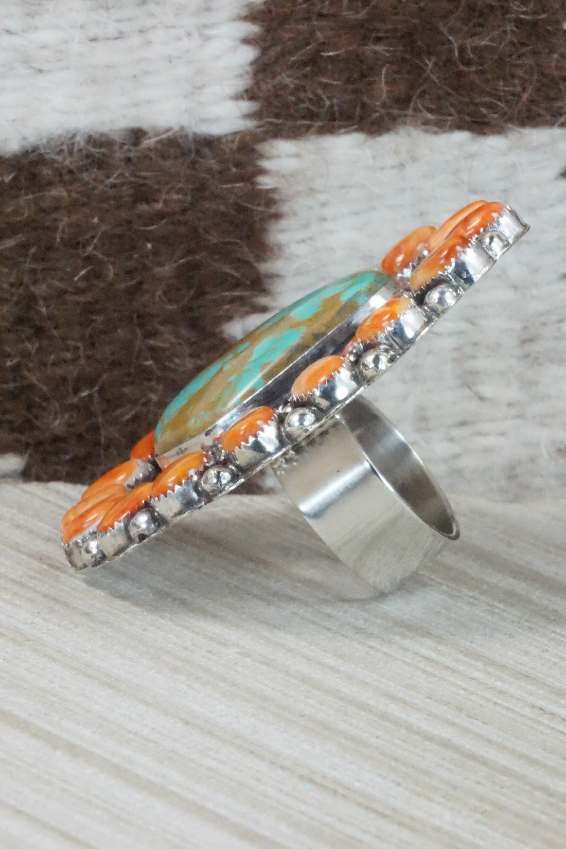 Turquoise, Spiny Oyster & Sterling Silver Ring - Hemerson Brown - Size 8 (Adj.)
