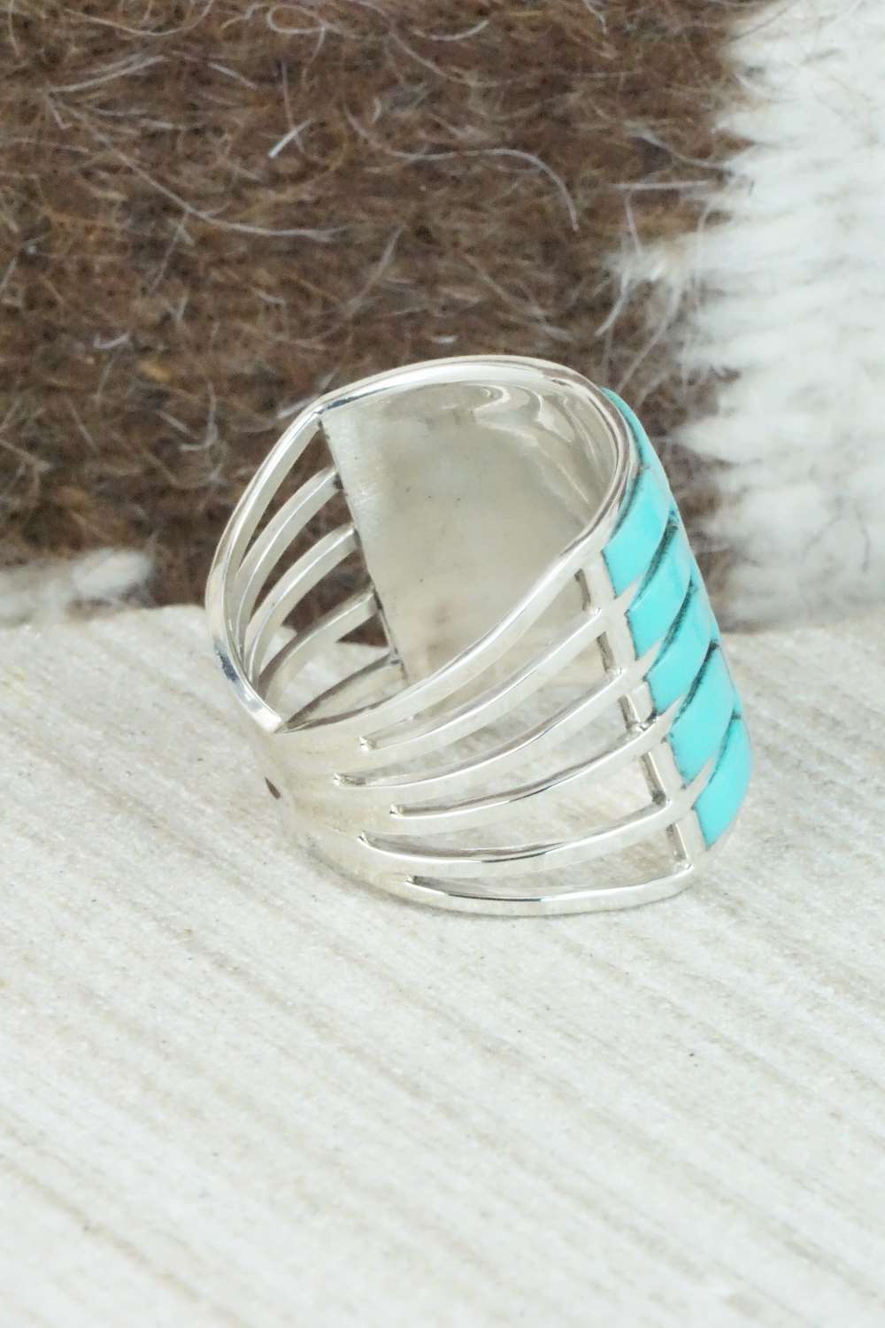 Turquoise & Sterling Silver Inlay Ring - Claresse Kylestewa - Size 7.25