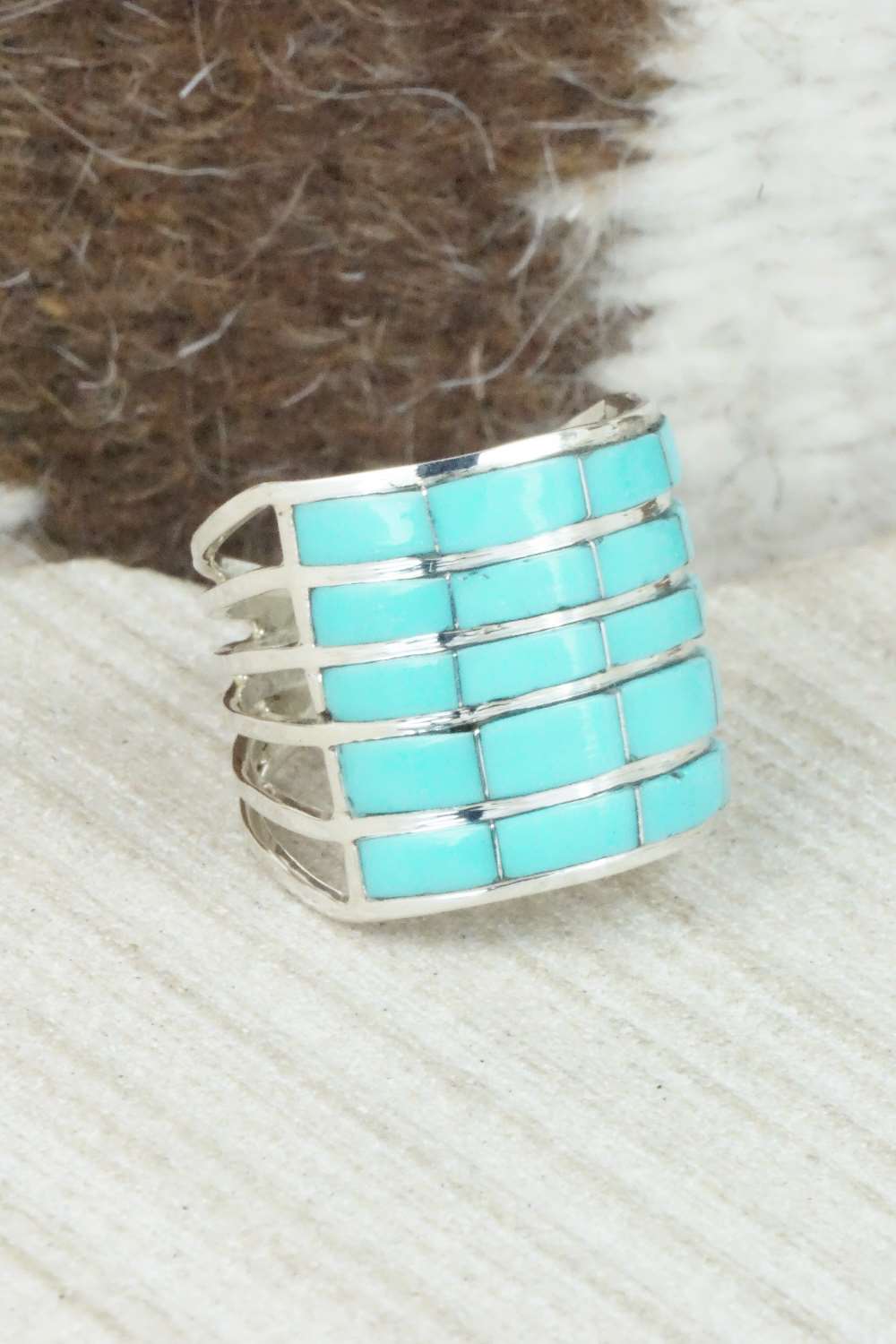 Turquoise & Sterling Silver Inlay Ring - Claresse Kylestewa - Size 7.25
