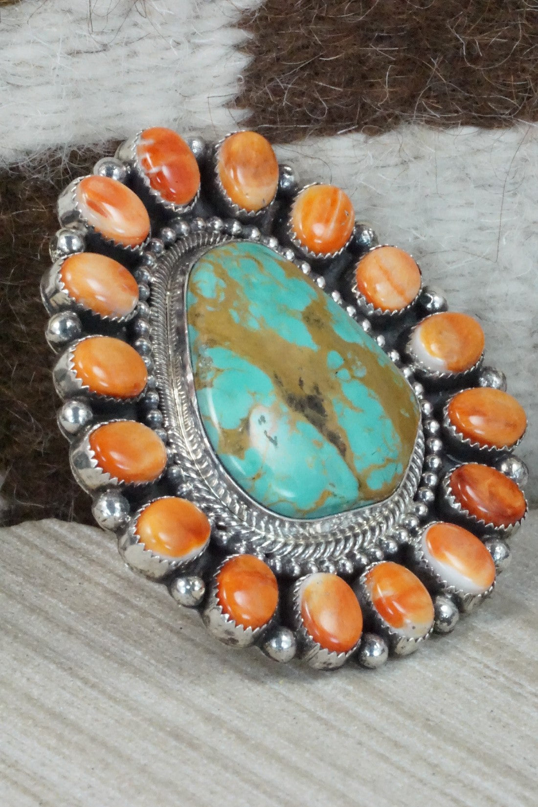 Turquoise, Spiny Oyster & Sterling Silver Ring - Hemerson Brown - Size 8 (Adj.)