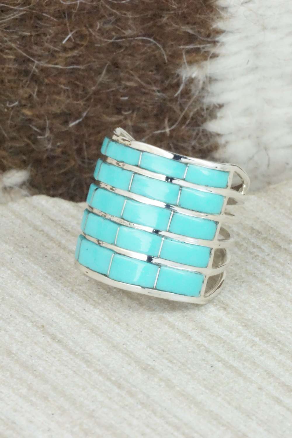 Turquoise & Sterling Silver Inlay Ring - Claresse Kylestewa - Size 6.5