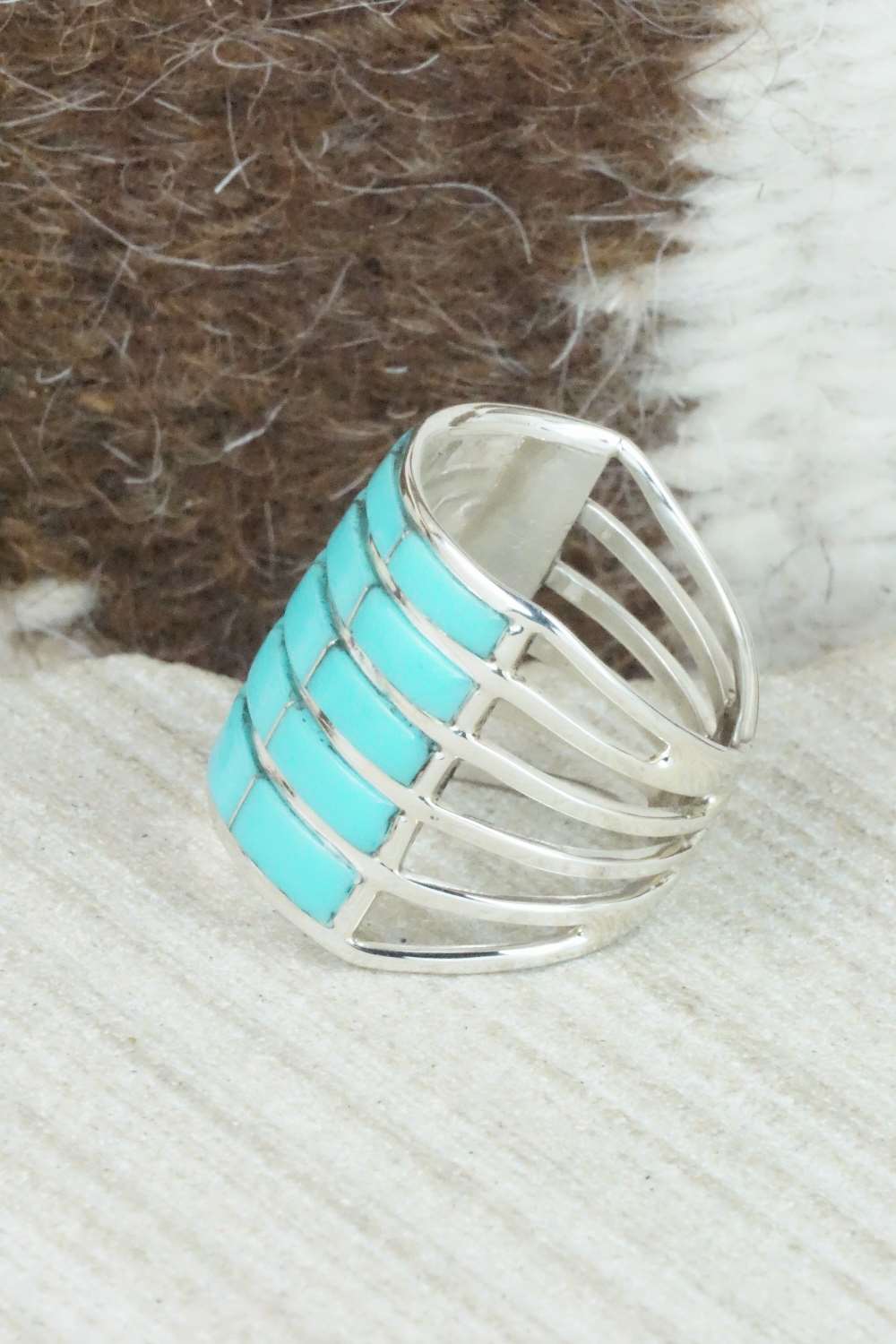 Turquoise & Sterling Silver Inlay Ring - Claresse Kylestewa - Size 6.5