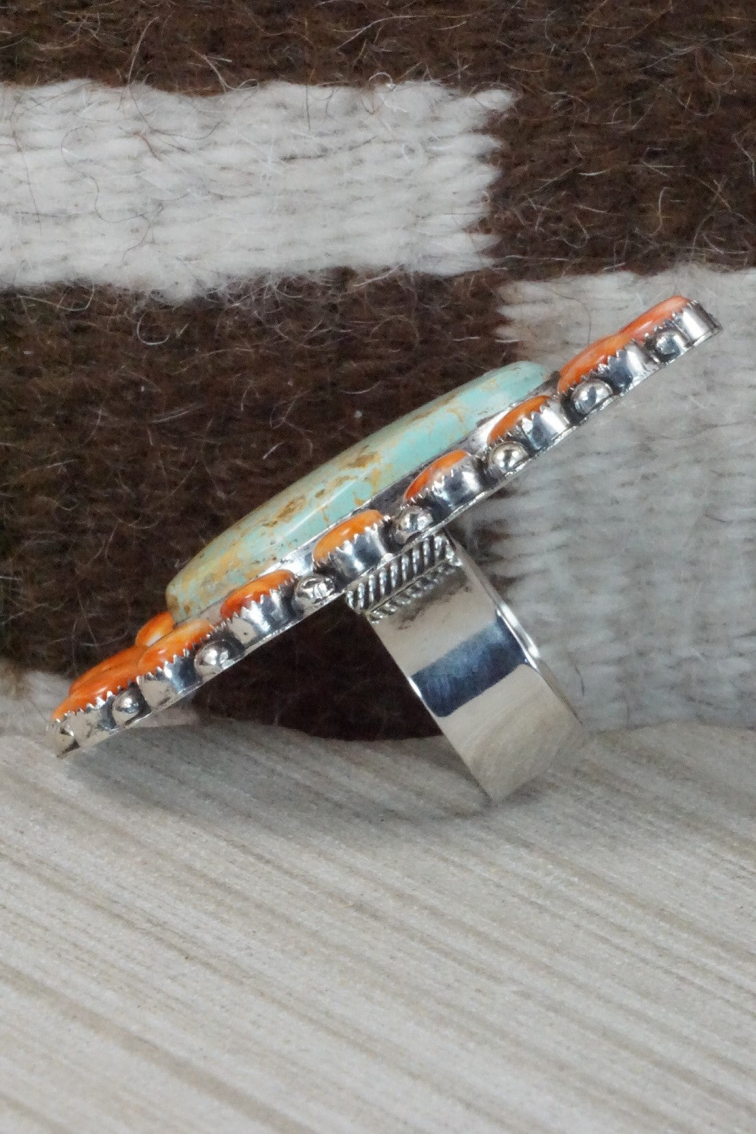 Turquoise, Spiny Oyster & Sterling Silver Ring - Hemerson Brown - Size 8.5 (Adj.)
