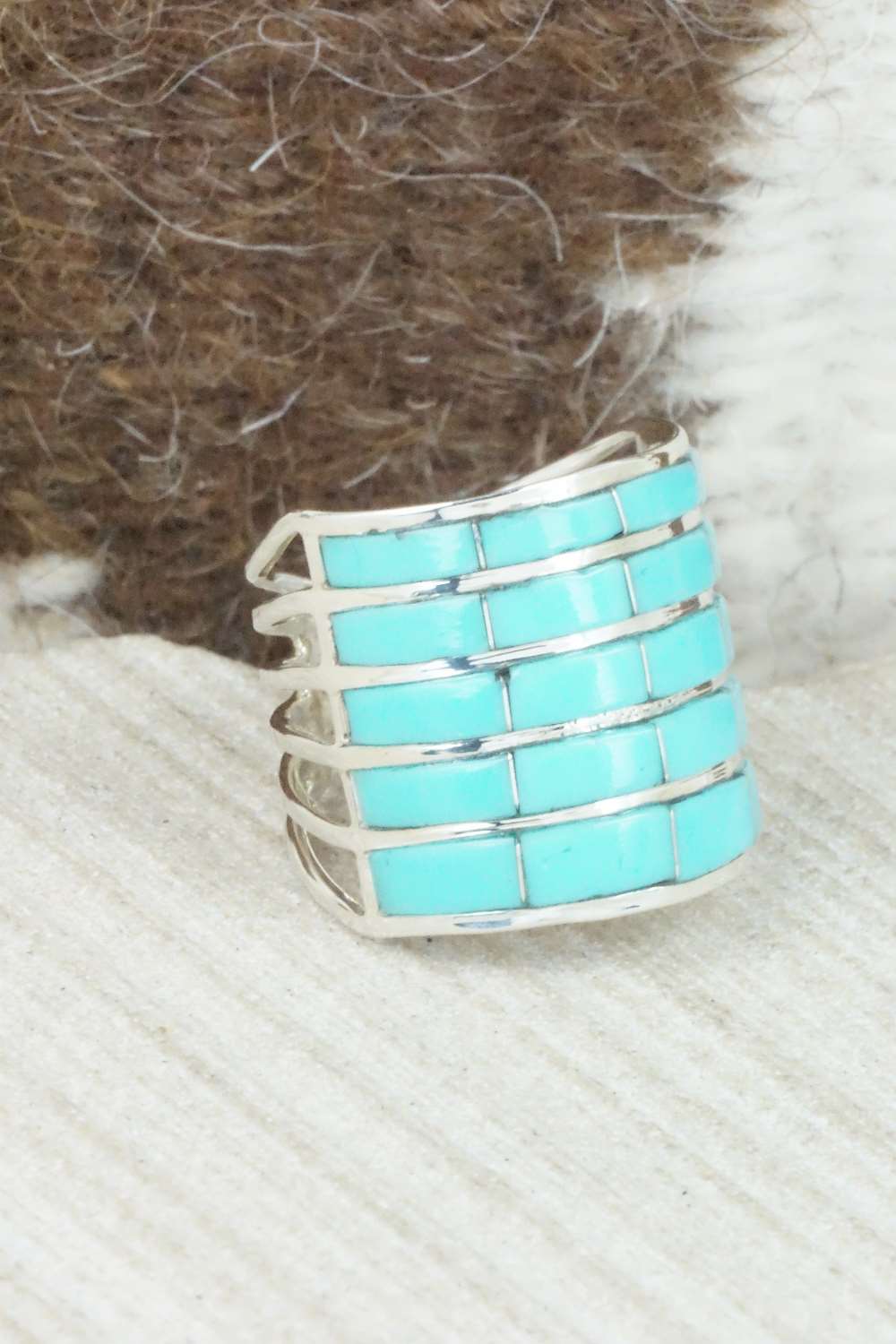 Turquoise & Sterling Silver Inlay Ring - Claresse Kylestewa - Size 6.5