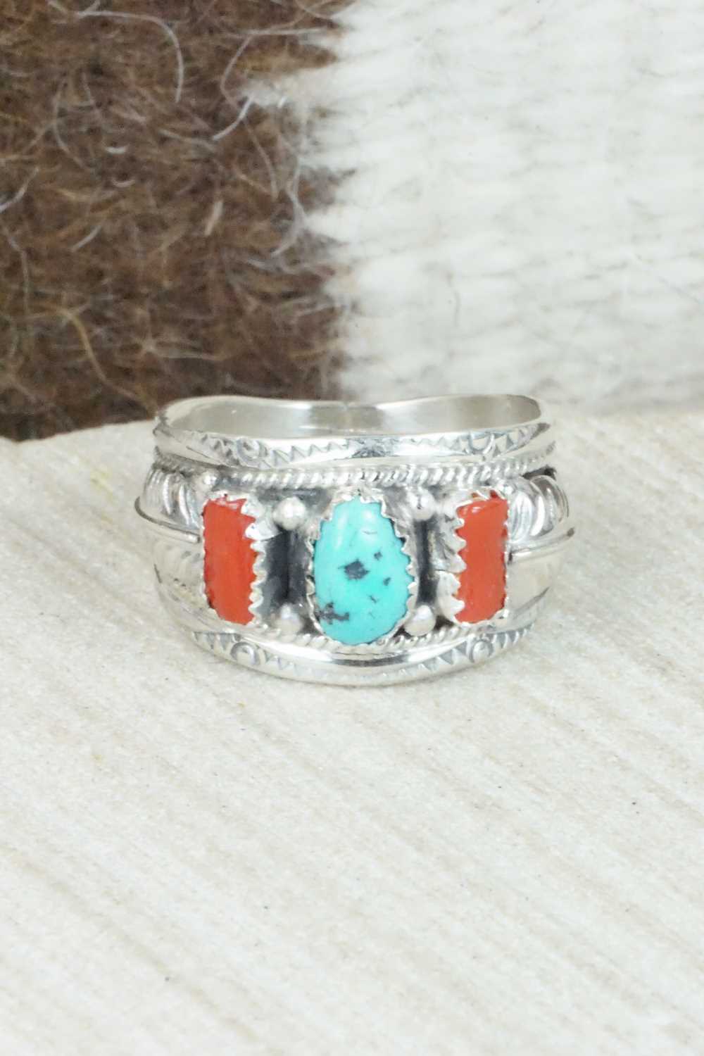 Turquoise, Coral and Sterling Silver Ring - Betty Begaye - Size 10