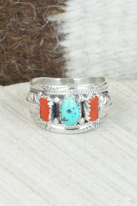 Turquoise, Coral and Sterling Silver Ring - Betty Begaye - Size 10