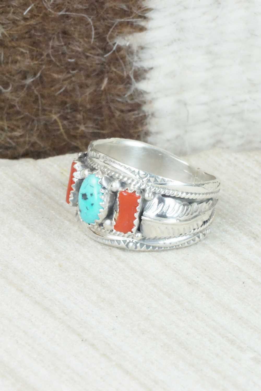 Turquoise, Coral and Sterling Silver Ring - Betty Begaye - Size 10