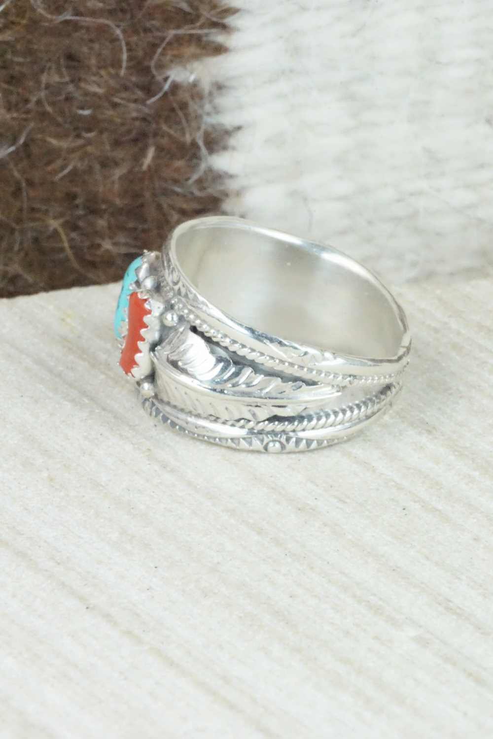 Turquoise, Coral and Sterling Silver Ring - Betty Begaye - Size 10