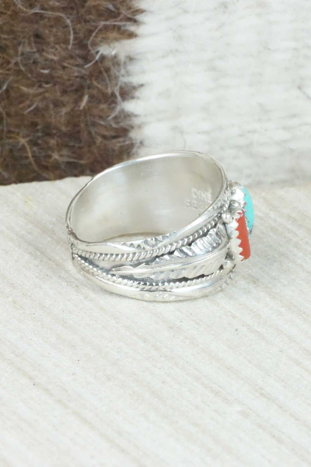 Turquoise, Coral and Sterling Silver Ring - Betty Begaye - Size 10