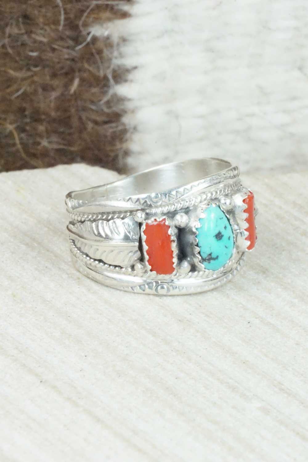 Turquoise, Coral and Sterling Silver Ring - Betty Begaye - Size 10