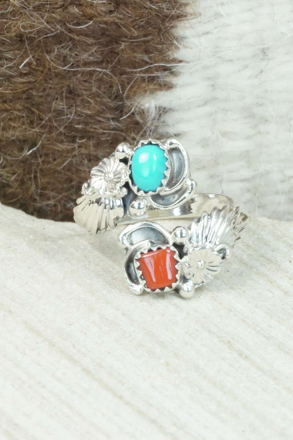Turquoise, Coral & Sterling Silver Ring - Etta Belin - Size 8