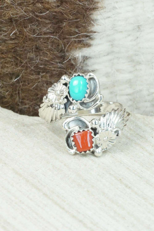 Turquoise, Coral & Sterling Silver Ring - Etta Belin - Size 8
