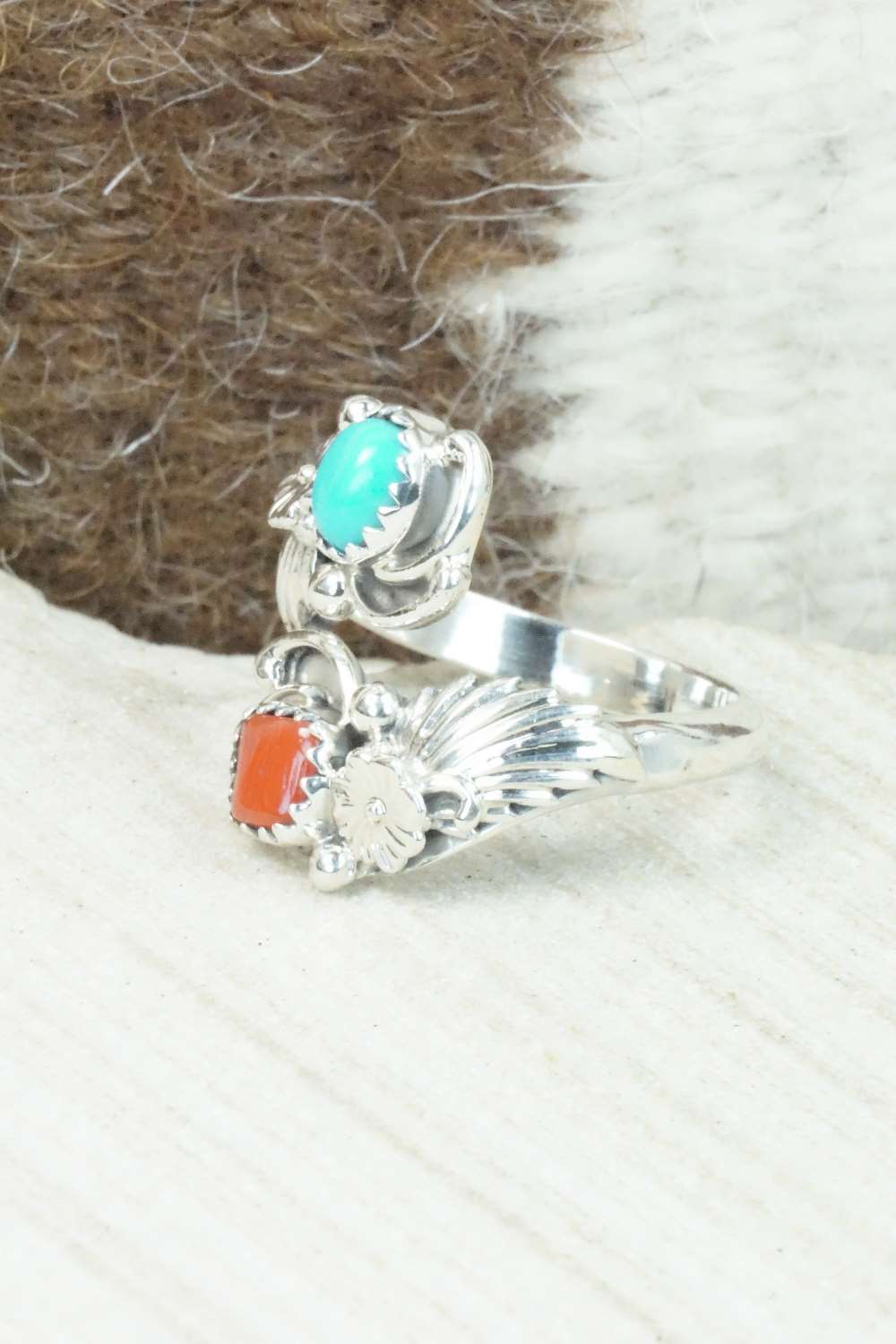 Turquoise, Coral & Sterling Silver Ring - Etta Belin - Size 8