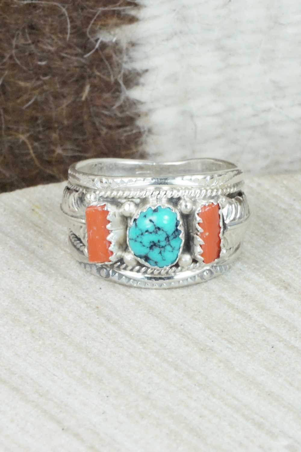 Turquoise, Coral and Sterling Silver Ring - Betty Begaye - Size 9.5