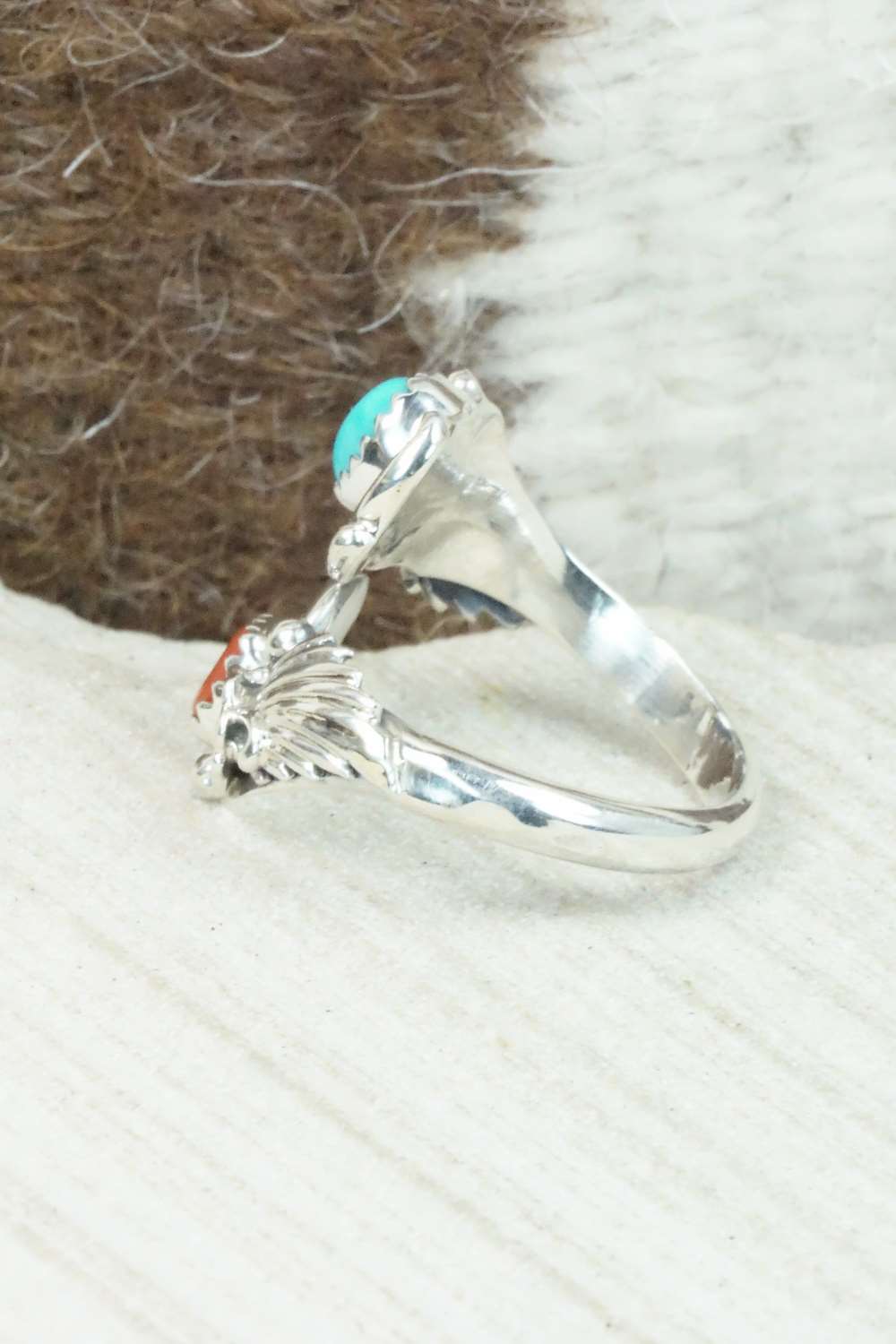 Turquoise, Coral & Sterling Silver Ring - Etta Belin - Size 8