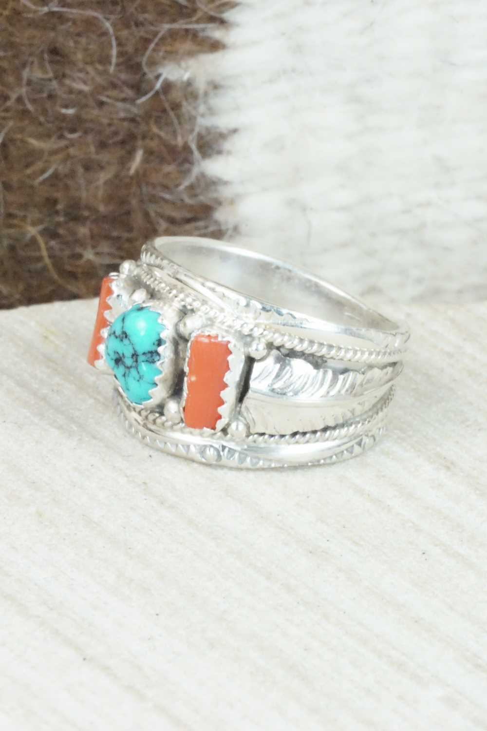 Turquoise, Coral and Sterling Silver Ring - Betty Begaye - Size 9.5
