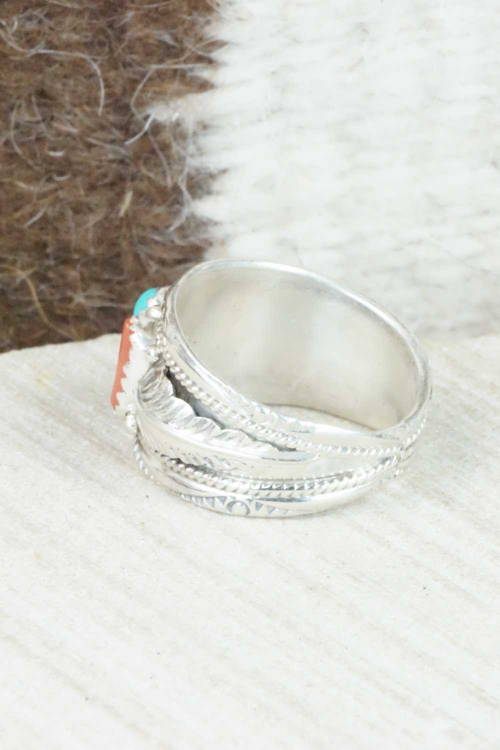 Turquoise, Coral and Sterling Silver Ring - Betty Begaye - Size 9.5