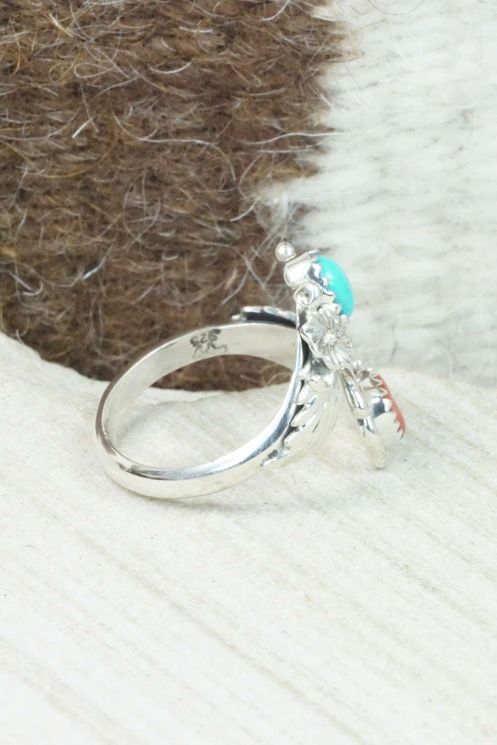 Turquoise, Coral & Sterling Silver Ring - Etta Belin - Size 8