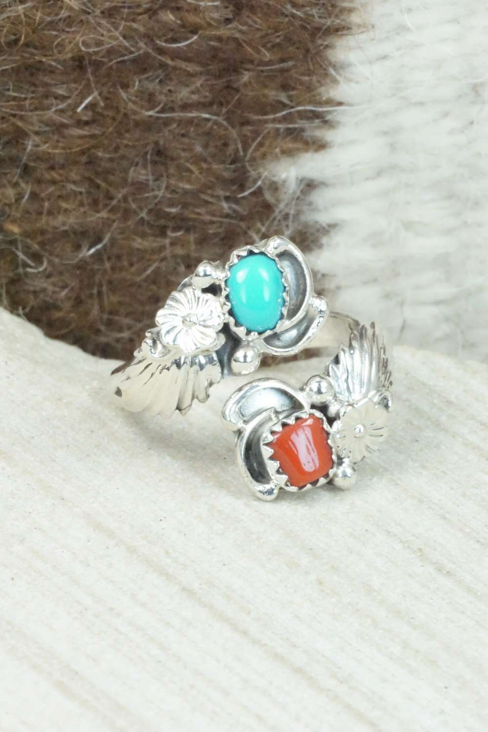 Turquoise, Coral & Sterling Silver Ring - Etta Belin - Size 8