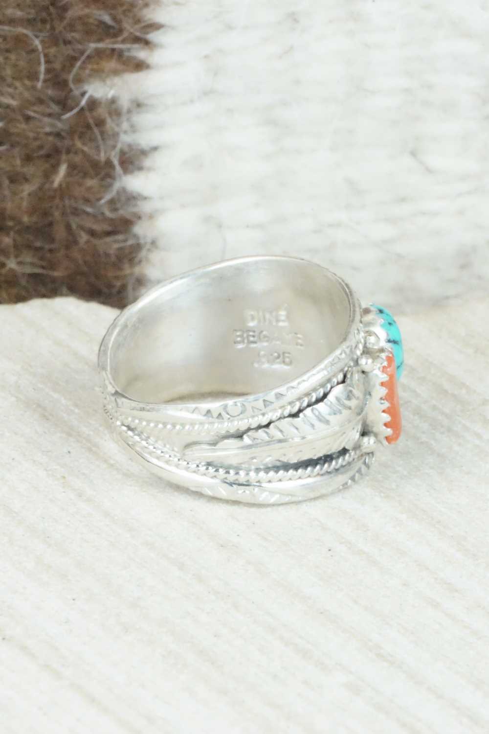 Turquoise, Coral and Sterling Silver Ring - Betty Begaye - Size 9.5