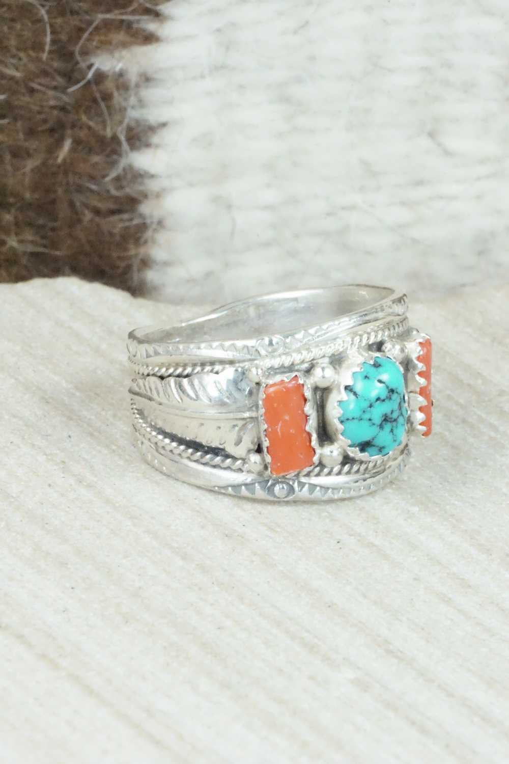 Turquoise, Coral and Sterling Silver Ring - Betty Begaye - Size 9.5