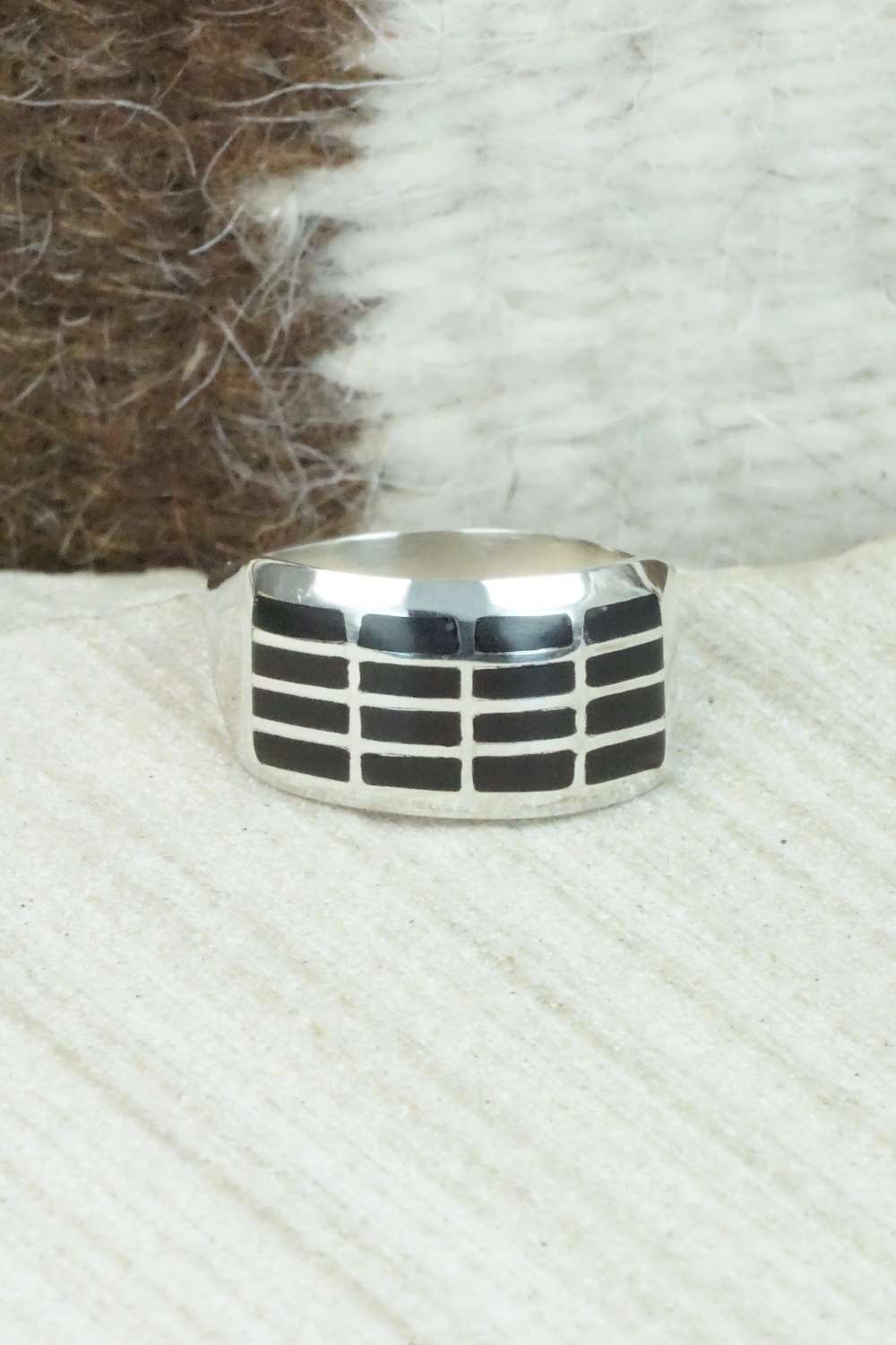 Onyx and Sterling Silver Inlay Ring - Kenneth Natewa - Size 7.75