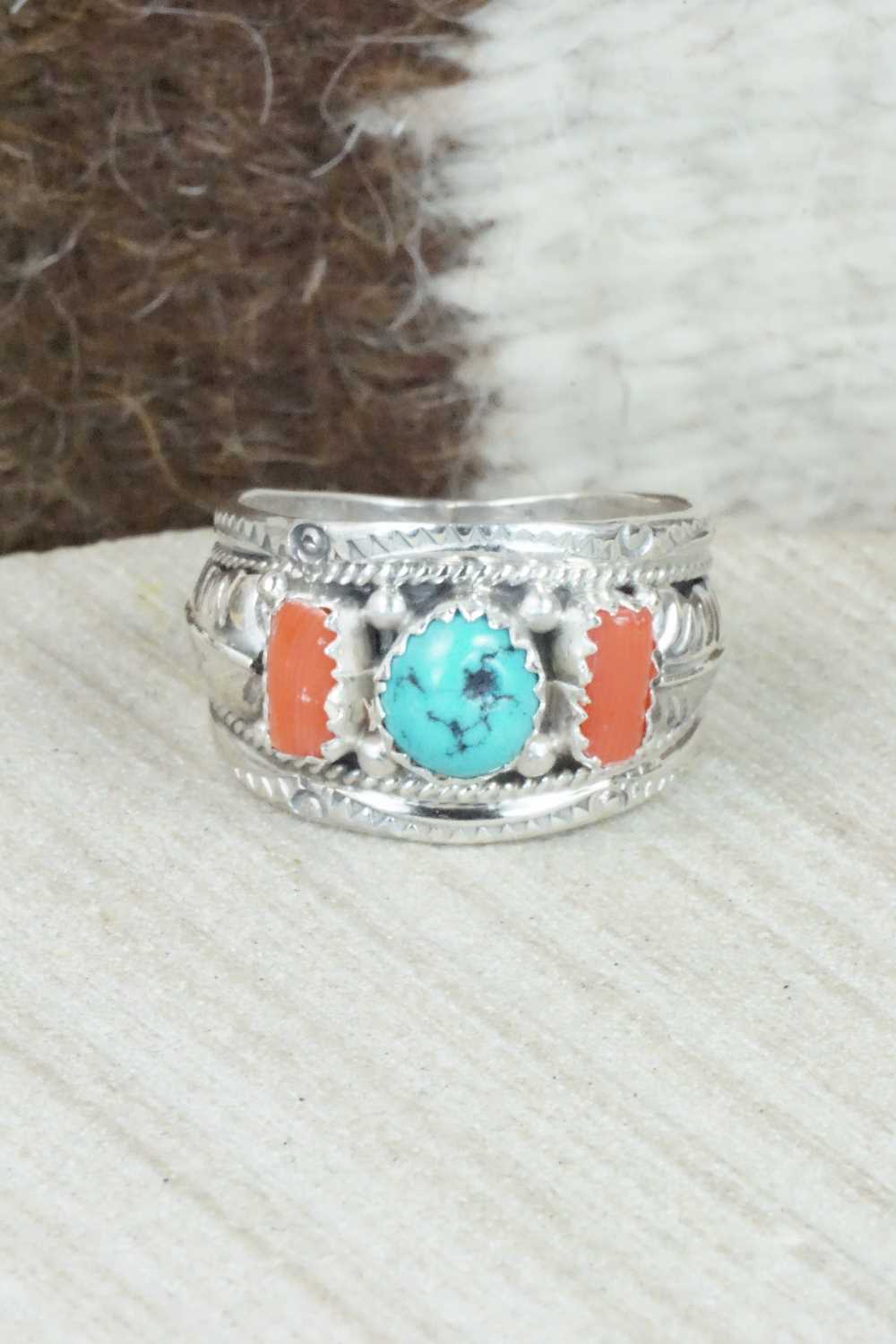 Turquoise, Coral and Sterling Silver Ring - Betty Begaye - Size 9