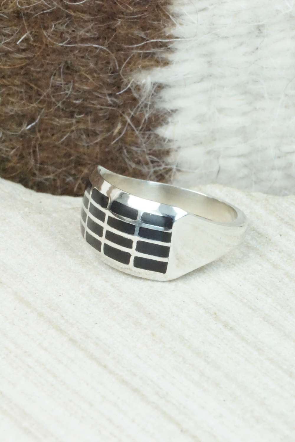 Onyx and Sterling Silver Inlay Ring - Kenneth Natewa - Size 7.75
