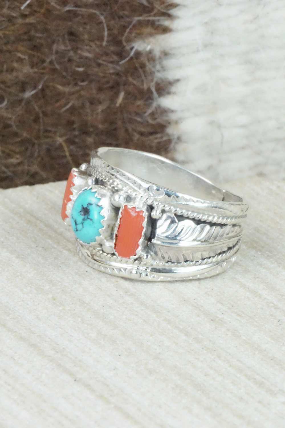 Turquoise, Coral and Sterling Silver Ring - Betty Begaye - Size 9