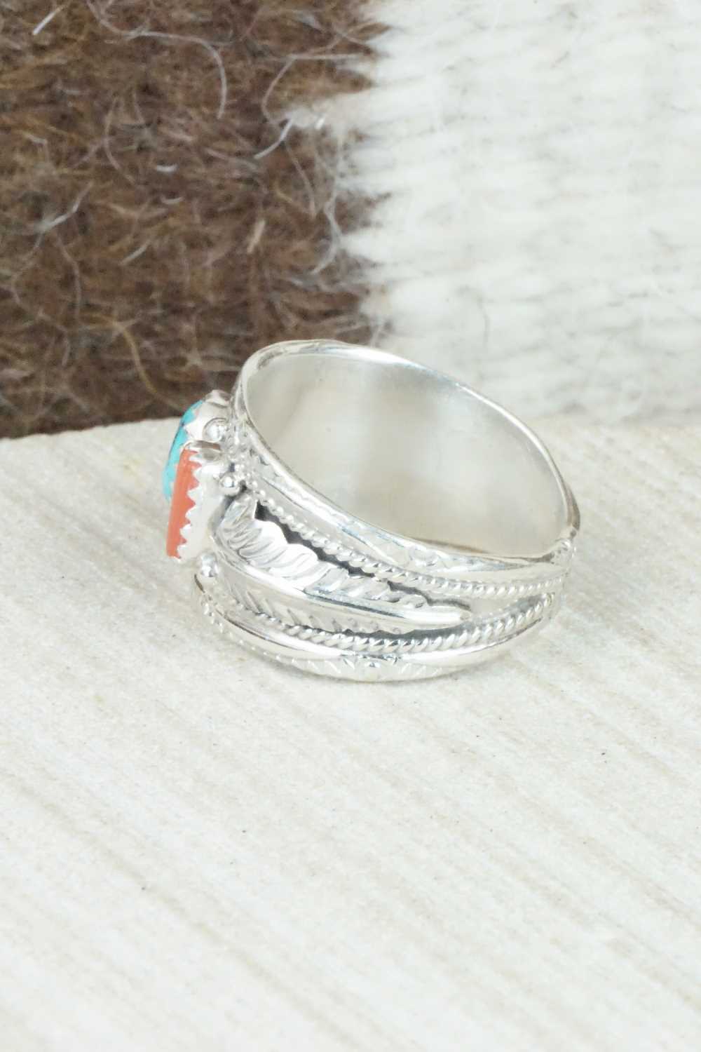 Turquoise, Coral and Sterling Silver Ring - Betty Begaye - Size 9