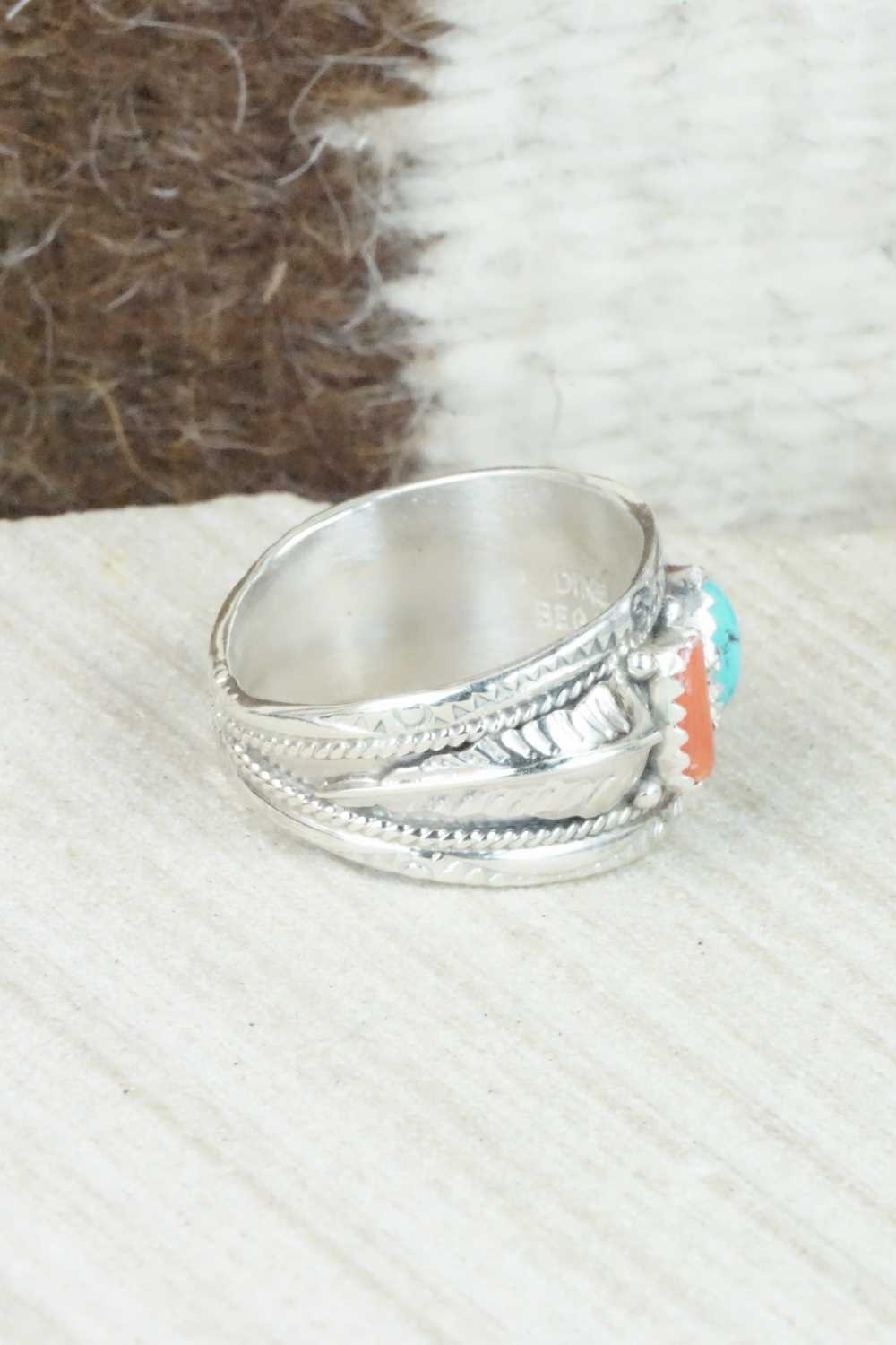 Turquoise, Coral and Sterling Silver Ring - Betty Begaye - Size 9
