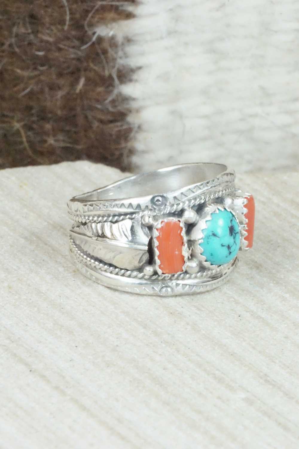 Turquoise, Coral and Sterling Silver Ring - Betty Begaye - Size 9