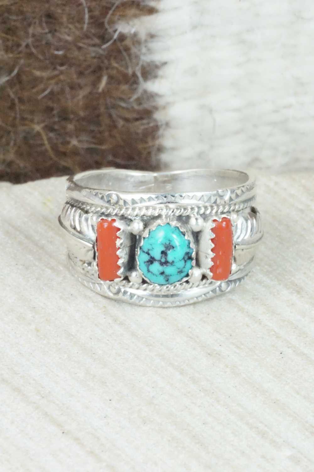 Turquoise, Coral and Sterling Silver Ring - Betty Begaye - Size 10.75