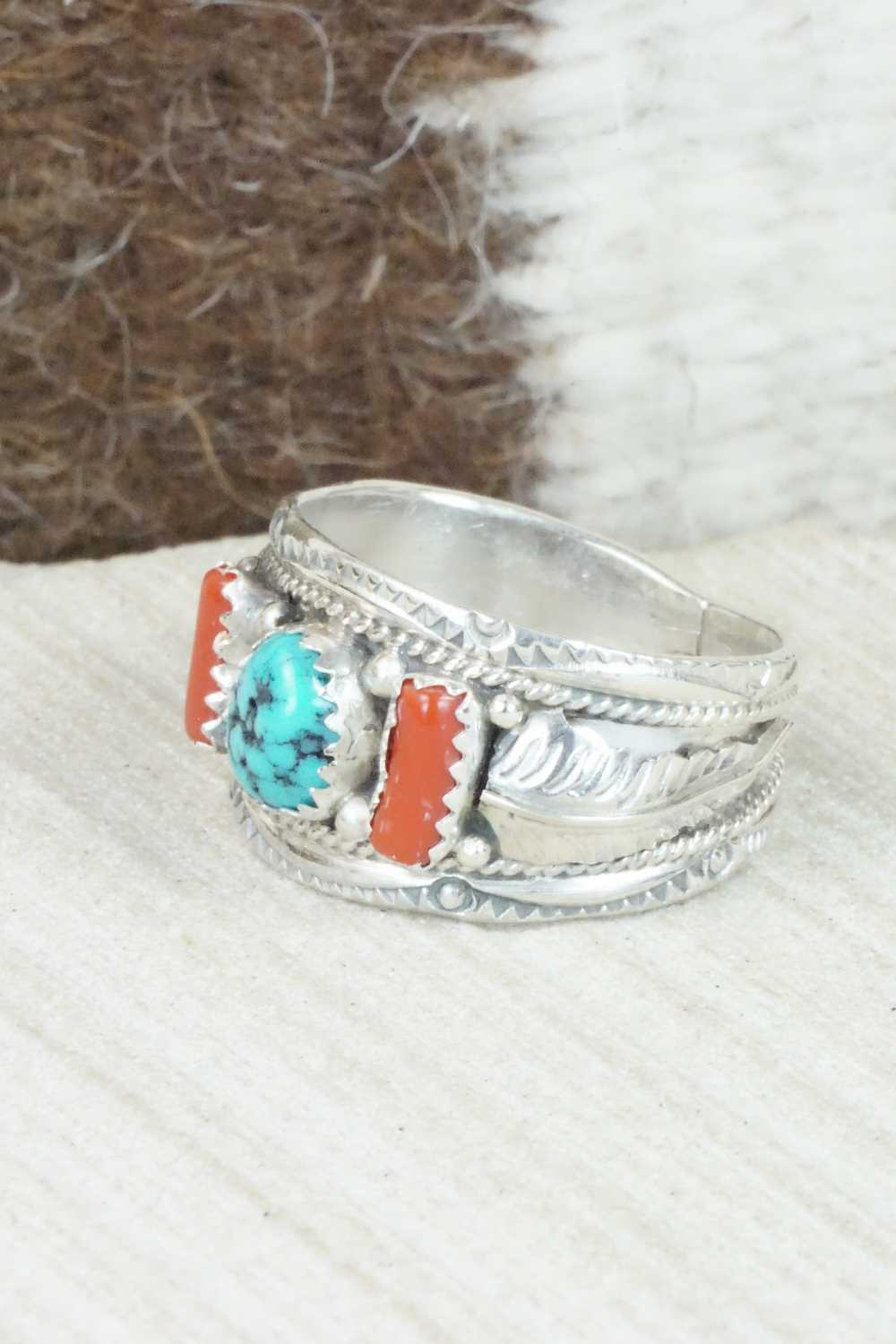 Turquoise, Coral and Sterling Silver Ring - Betty Begaye - Size 10.75