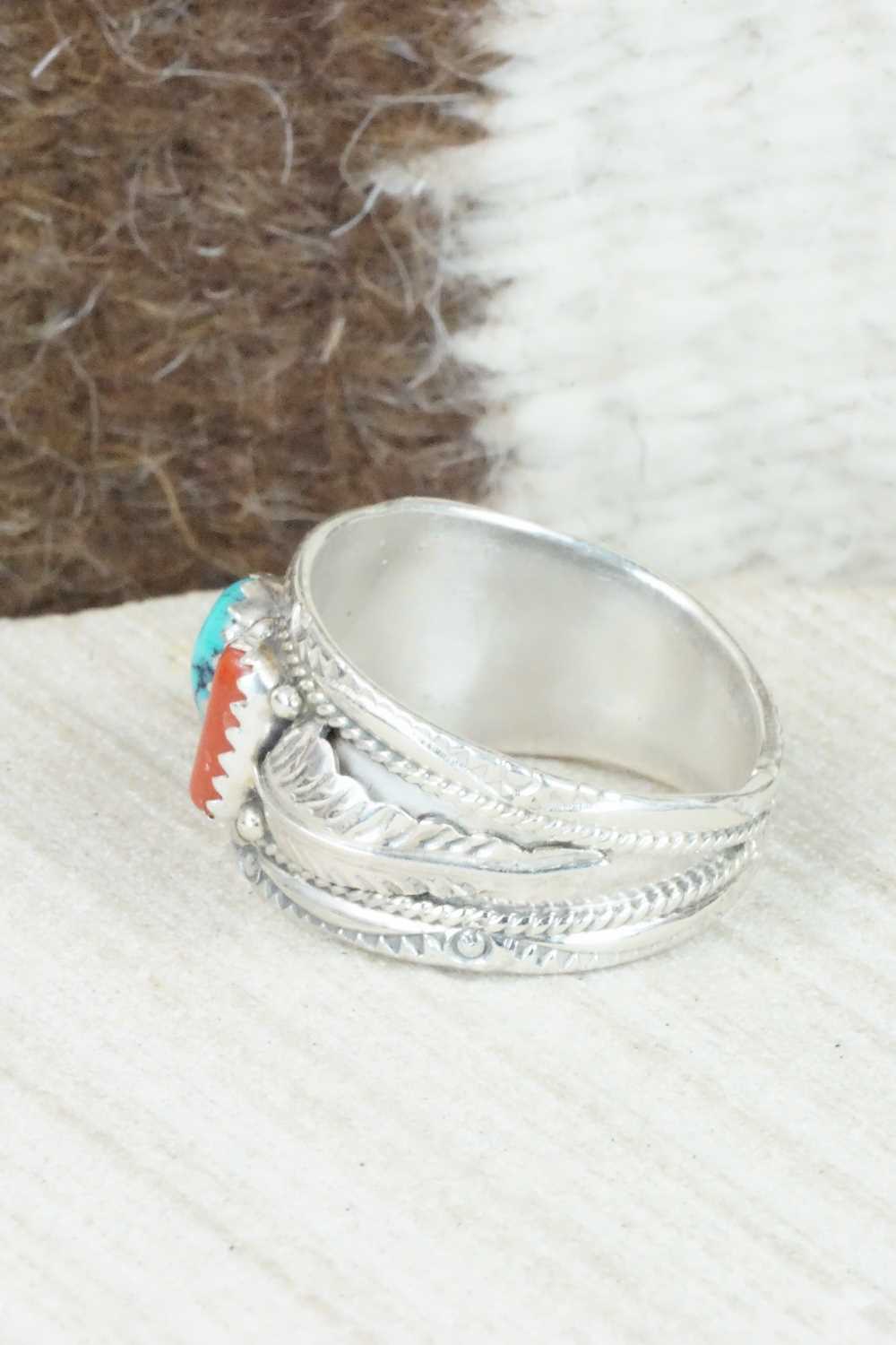 Turquoise, Coral and Sterling Silver Ring - Betty Begaye - Size 10.75