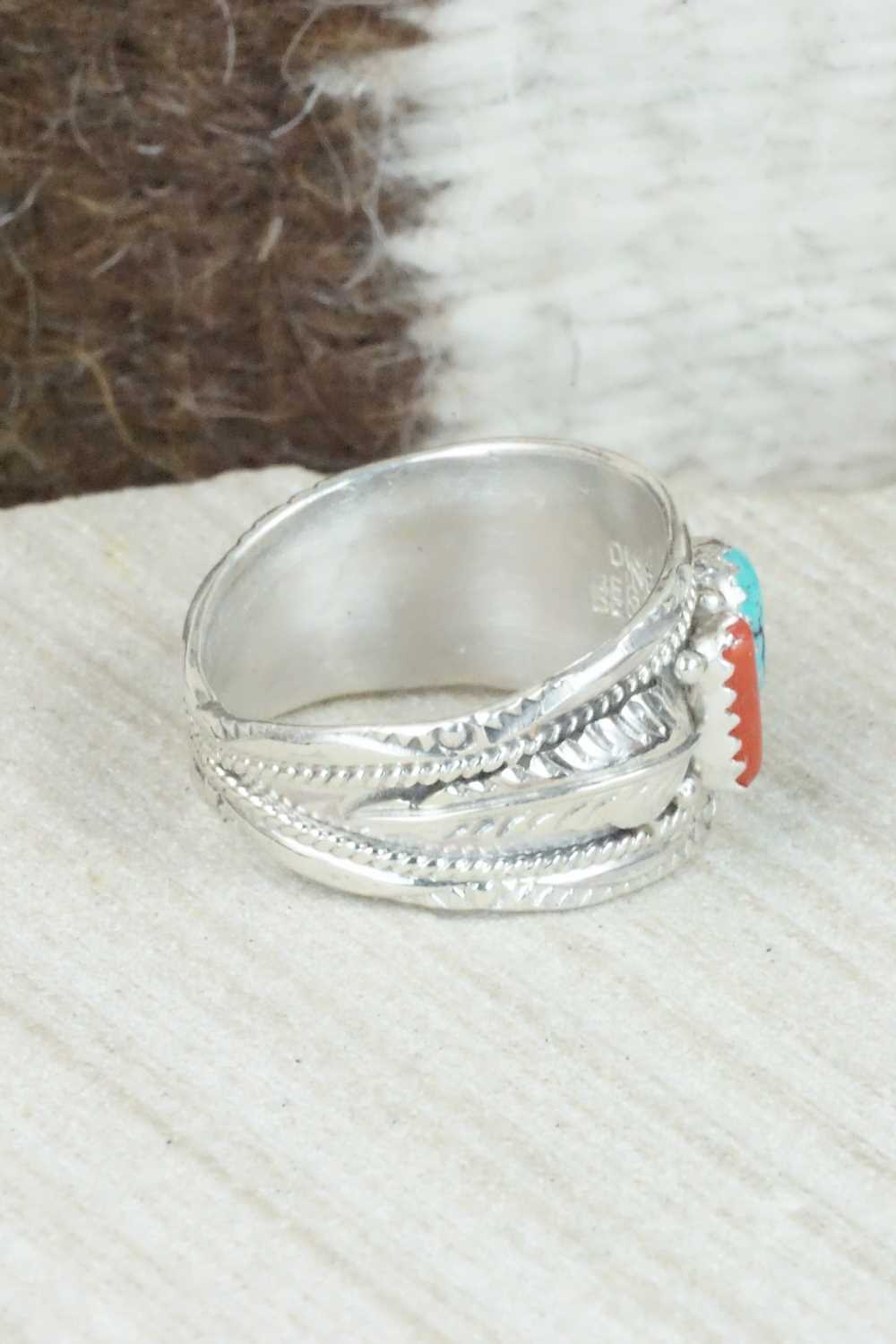 Turquoise, Coral and Sterling Silver Ring - Betty Begaye - Size 10.75