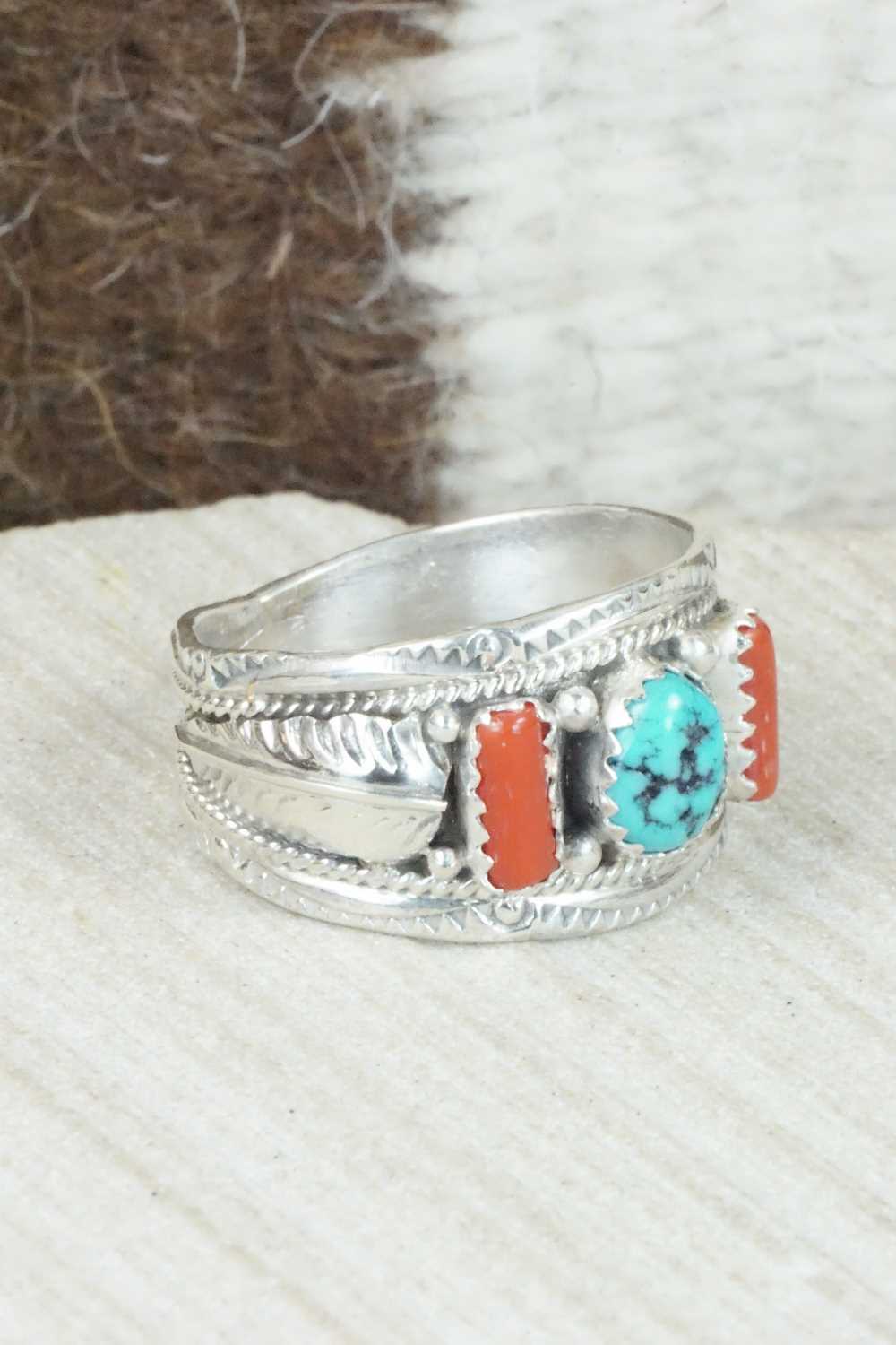 Turquoise, Coral and Sterling Silver Ring - Betty Begaye - Size 10.75