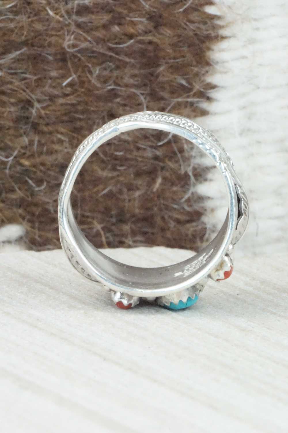Turquoise, Coral and Sterling Silver Ring - Betty Begaye - Size 10.75
