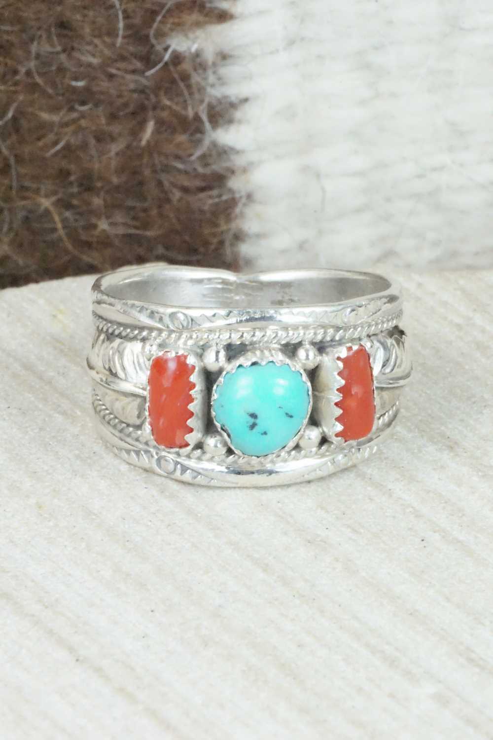 Turquoise, Coral and Sterling Silver Ring - Betty Begaye - Size 12.25