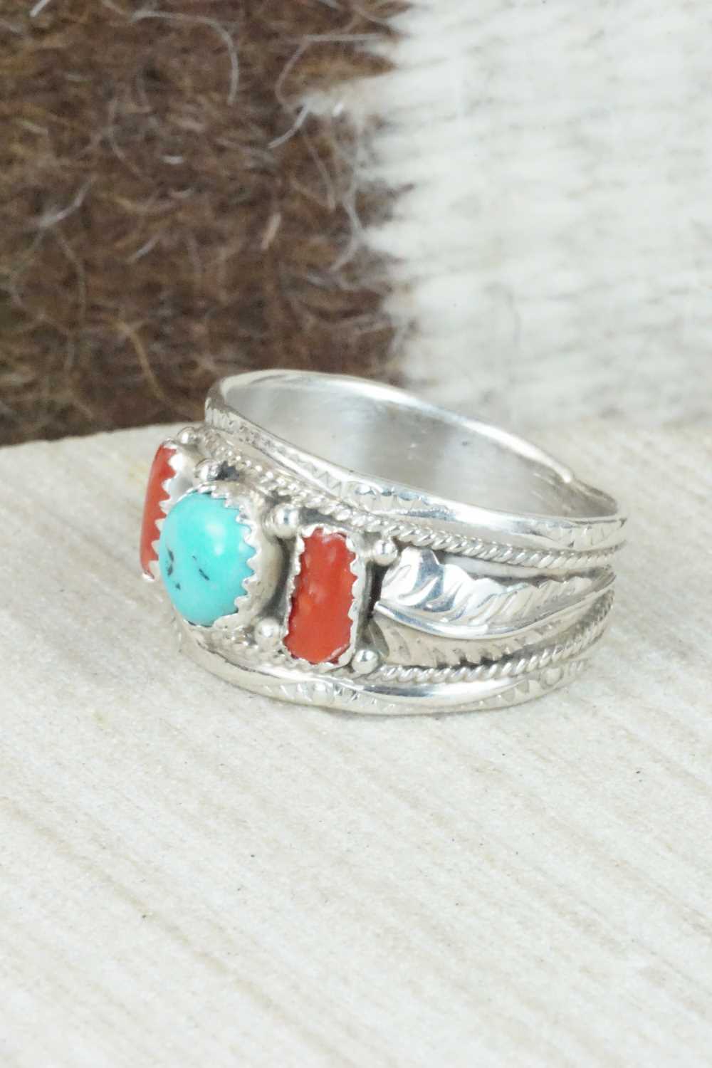 Turquoise, Coral and Sterling Silver Ring - Betty Begaye - Size 12.25