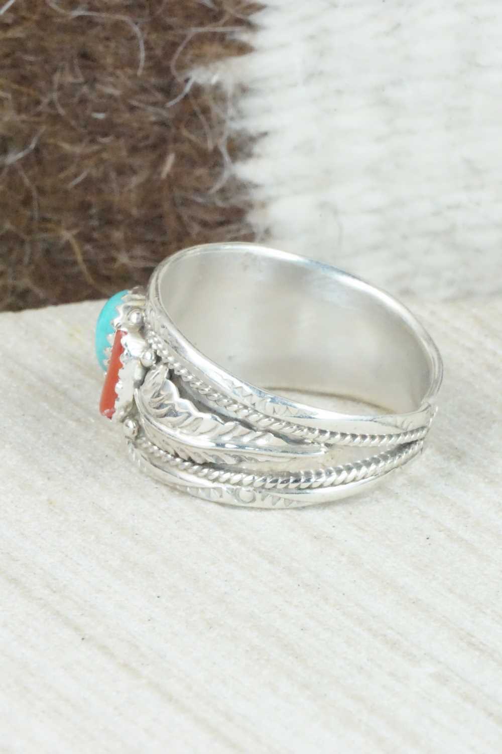 Turquoise, Coral and Sterling Silver Ring - Betty Begaye - Size 12.25