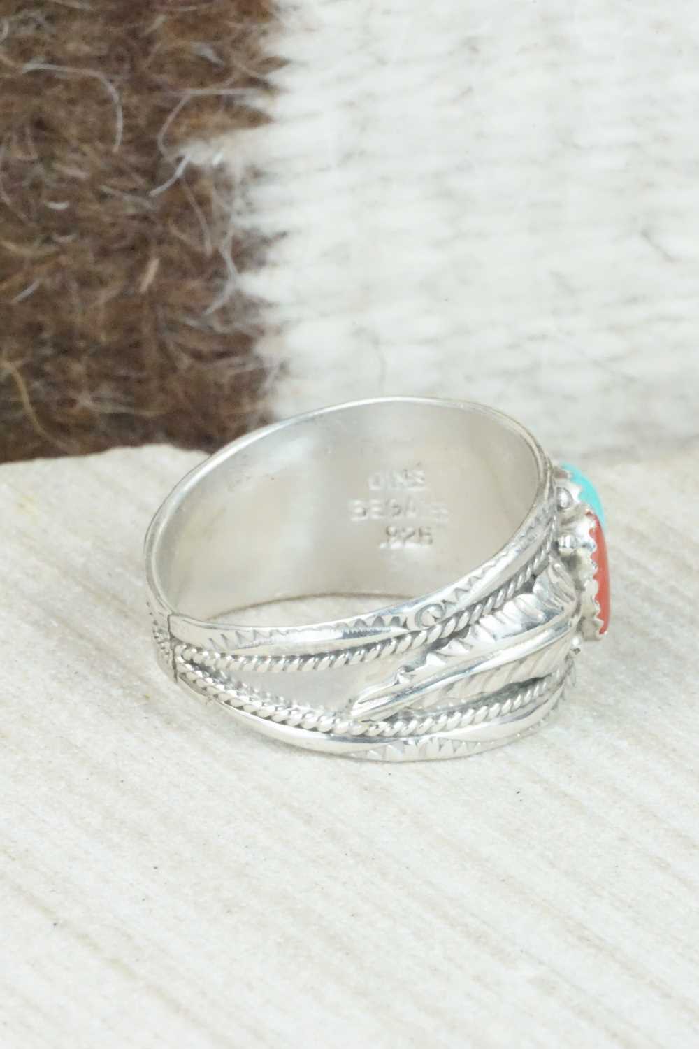 Turquoise, Coral and Sterling Silver Ring - Betty Begaye - Size 12.25