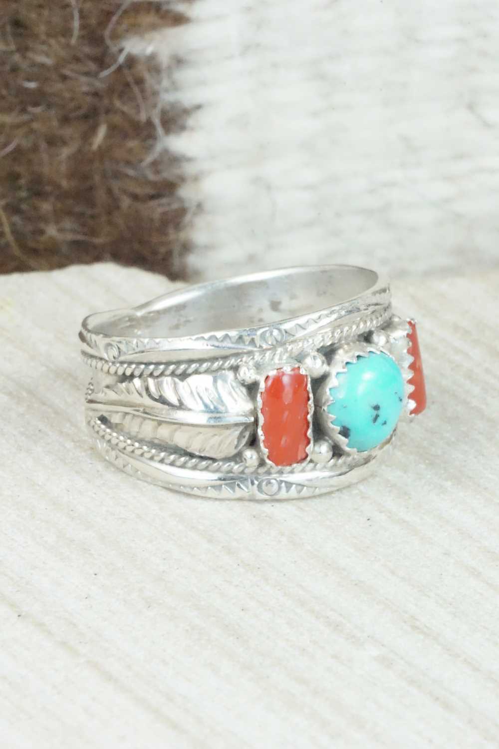 Turquoise, Coral and Sterling Silver Ring - Betty Begaye - Size 12.25