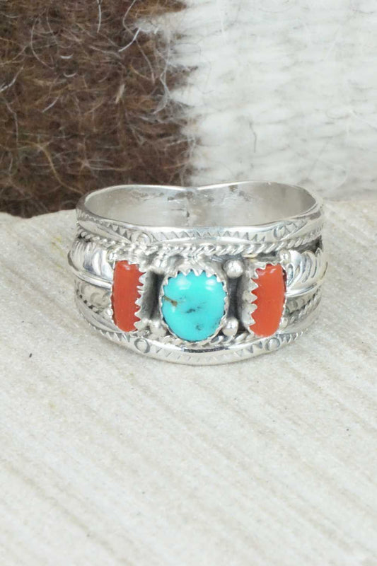 Turquoise, Coral and Sterling Silver Ring - Betty Begaye - Size 13.25