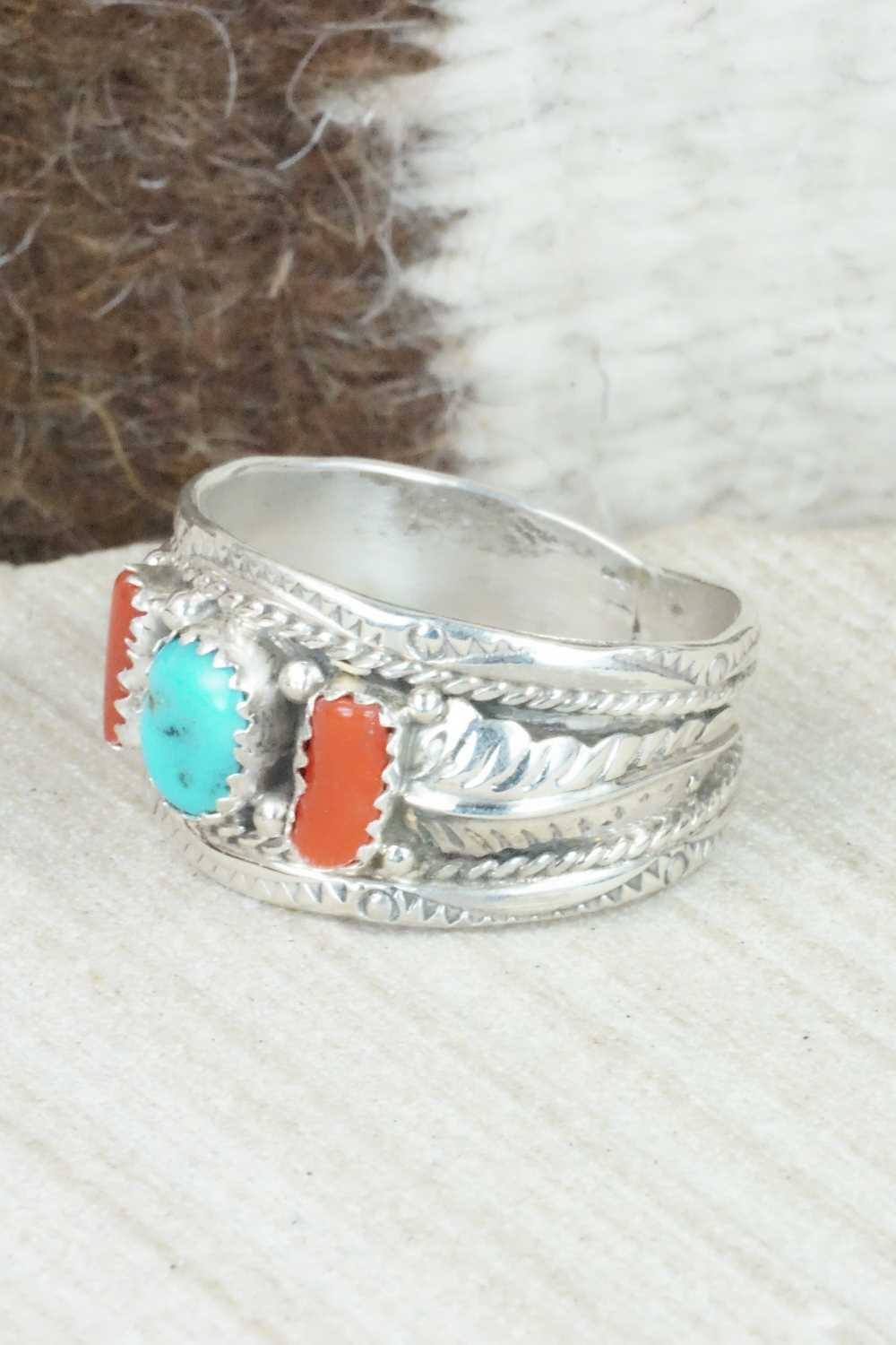 Turquoise, Coral and Sterling Silver Ring - Betty Begaye - Size 13.25