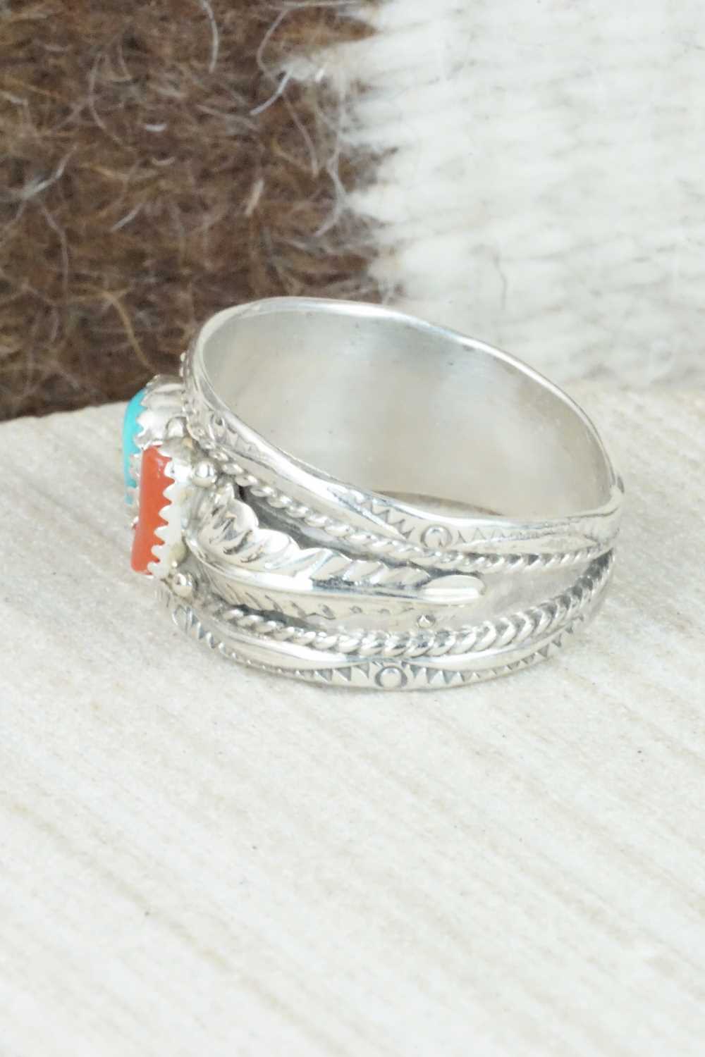 Turquoise, Coral and Sterling Silver Ring - Betty Begaye - Size 13.25