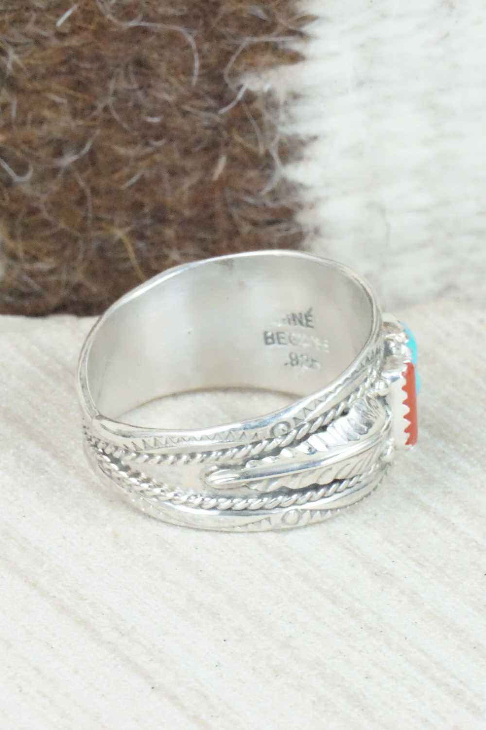 Turquoise, Coral and Sterling Silver Ring - Betty Begaye - Size 13.25