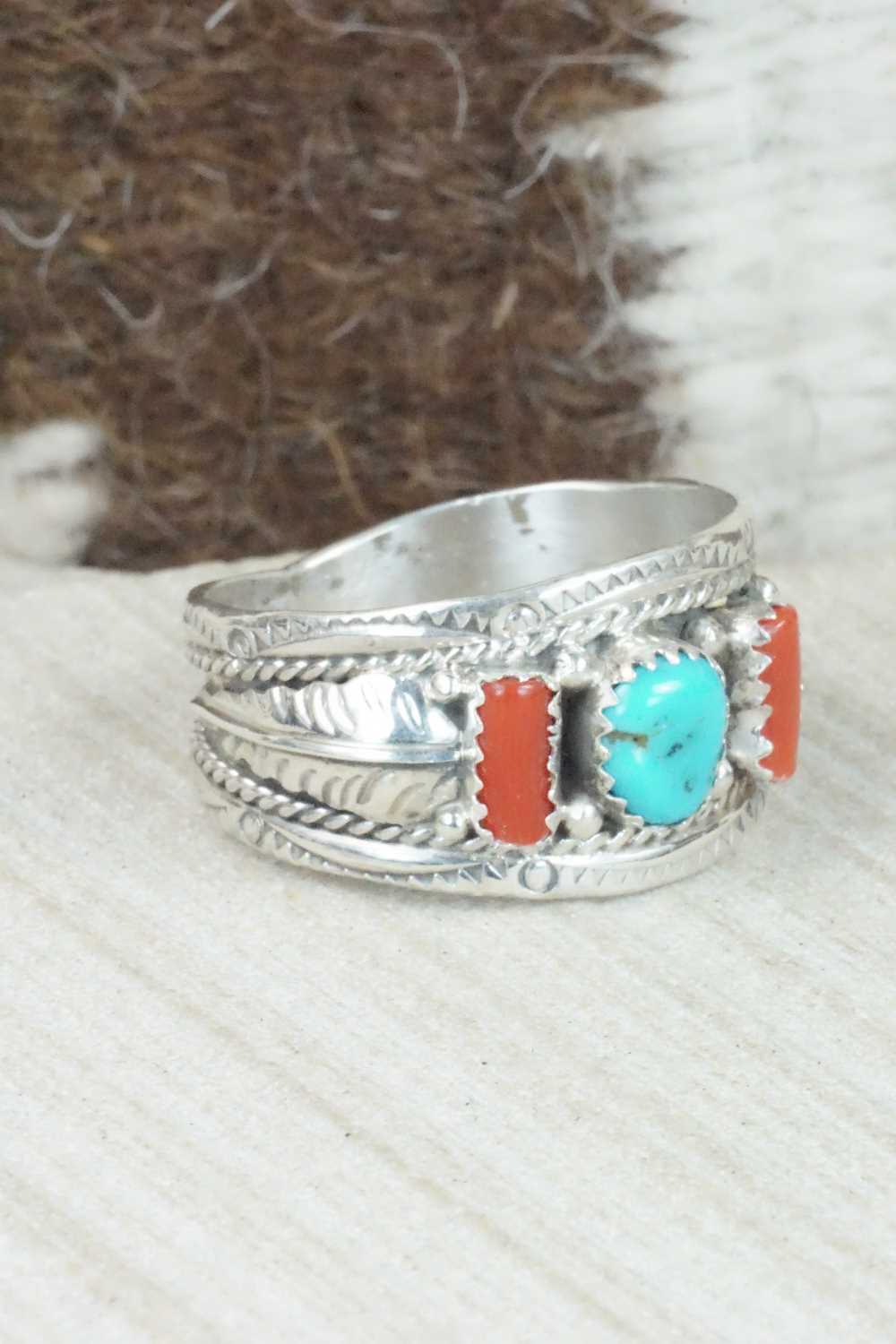 Turquoise, Coral and Sterling Silver Ring - Betty Begaye - Size 13.25