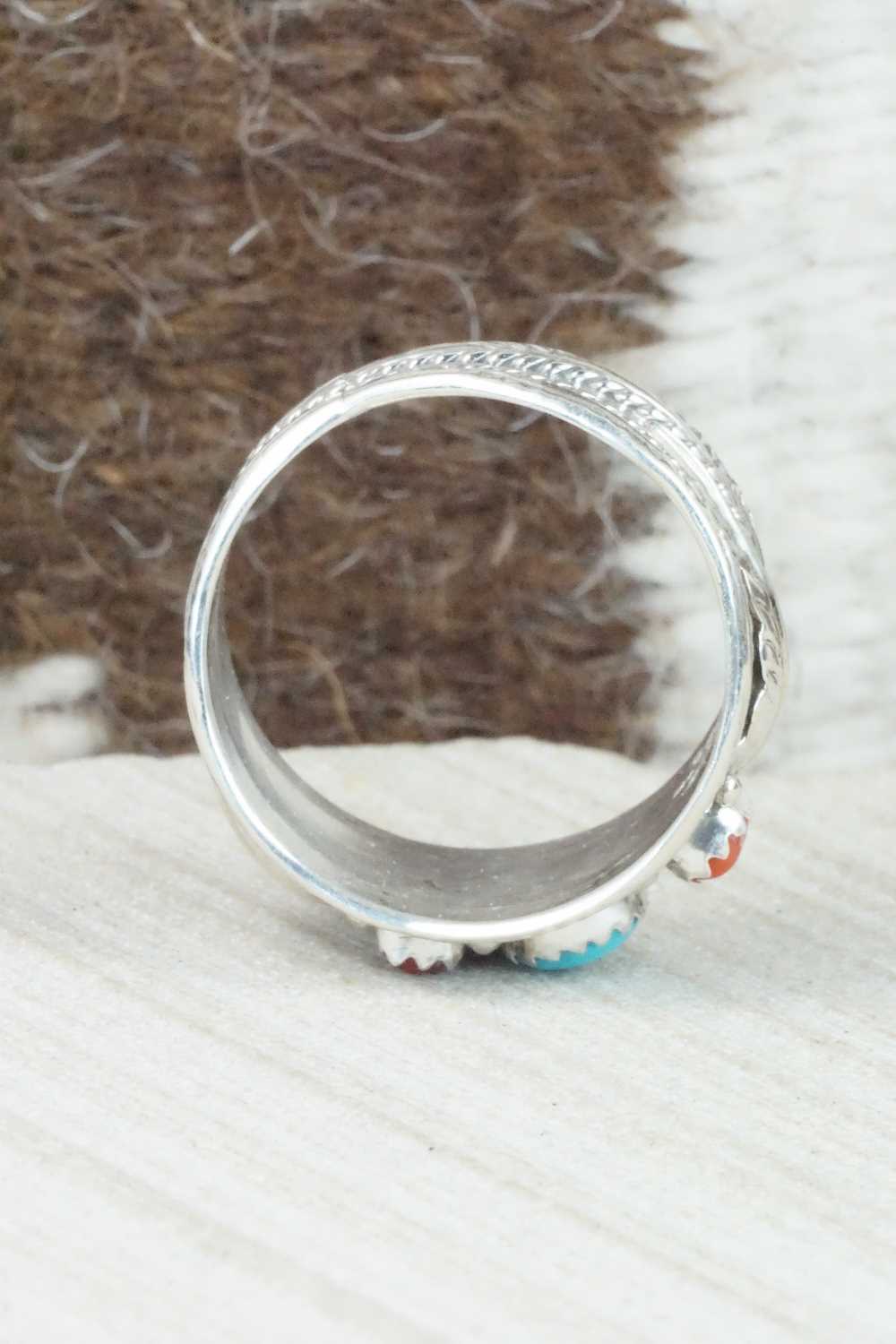 Turquoise, Coral and Sterling Silver Ring - Betty Begaye - Size 13.25